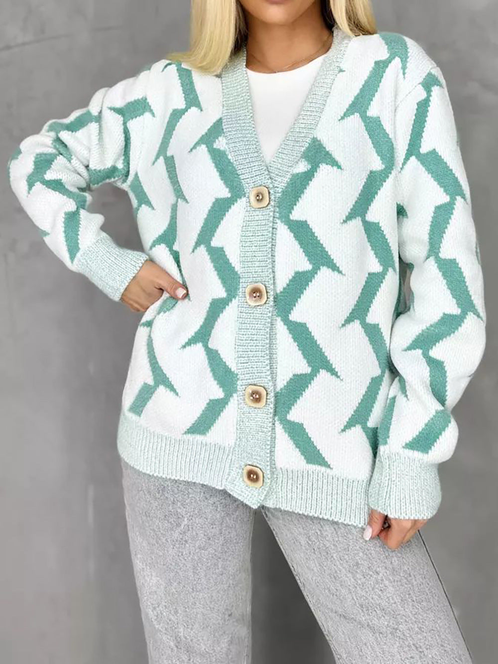 Damen gemütlicher Strickcardigan mit modernem Blitze-Design und Knopfverschluss R&B