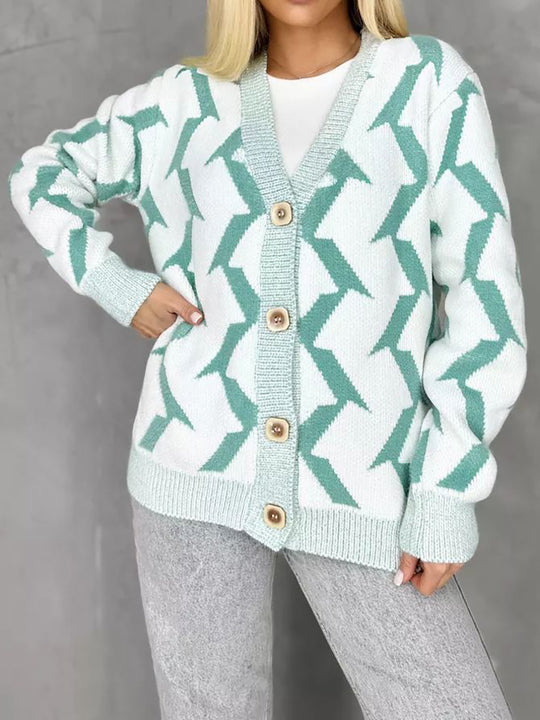 Damen gemütlicher Strickcardigan mit modernem Blitze-Design und Knopfverschluss R&B