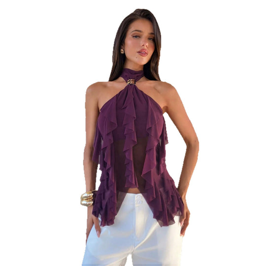 Damen nan Chiffon-Haltertop mit dekorativem Metallring und mehrlagigen Volants R&B