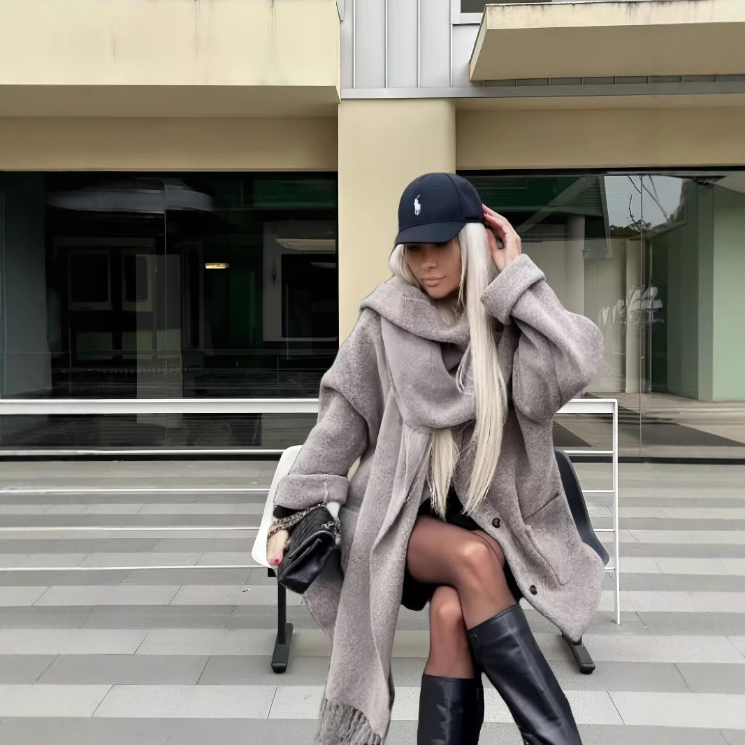Damen elegante und warme Wickeljacke mit Schalkragen und Fransen R&B