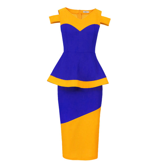 Damen figurbetontes Kleid mit modernem Farbschnitt und schickem Taillenband R&B