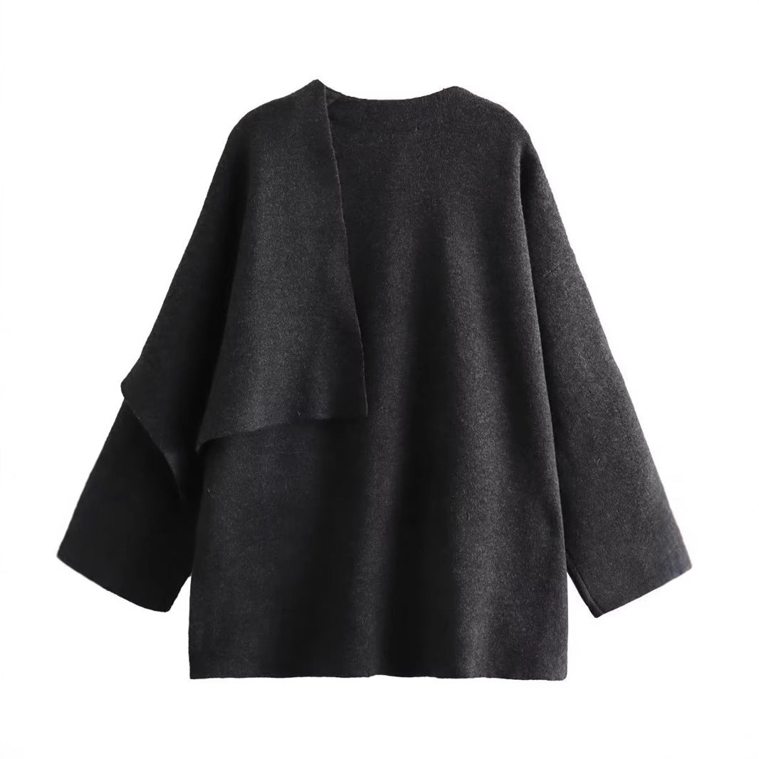 Damen schicke Wollumhangjacke mit asymmetrischem Schnitt und dekorativem Knopf R&B