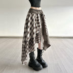 Damen asymmetrischer Wickelrock mit Karomuster und breitem Bindegürtel R&B