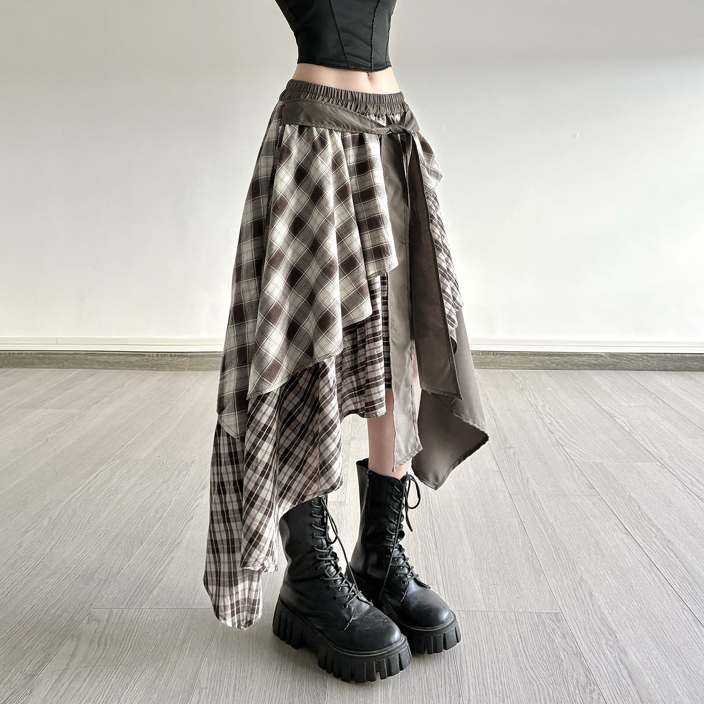 Damen asymmetrischer Wickelrock mit Karomuster und breitem Bindegürtel R&B