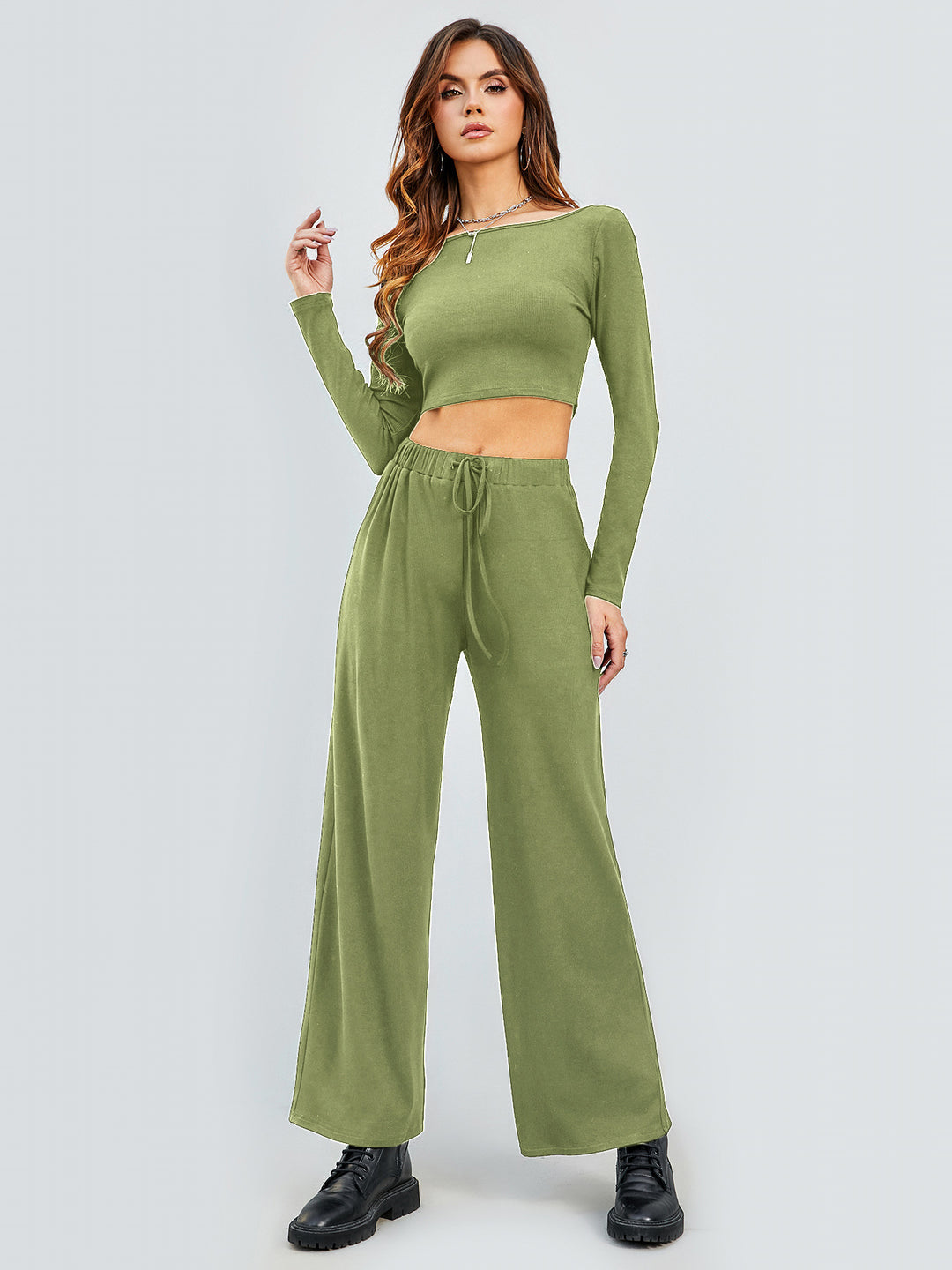 Damen Cropped Oberteil und Weite Hose Set R&B