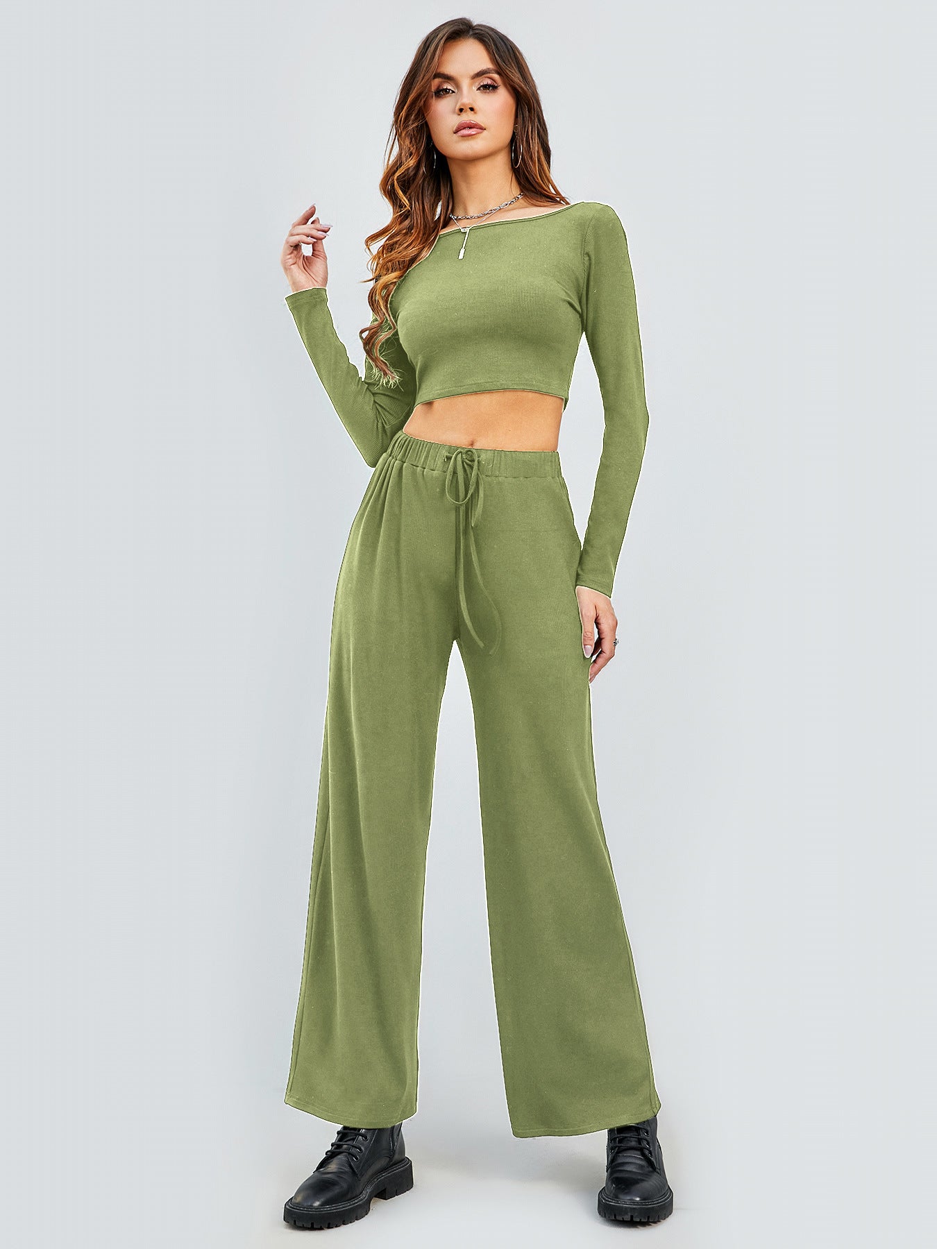 Damen Cropped Oberteil und Weite Hose Set R&B