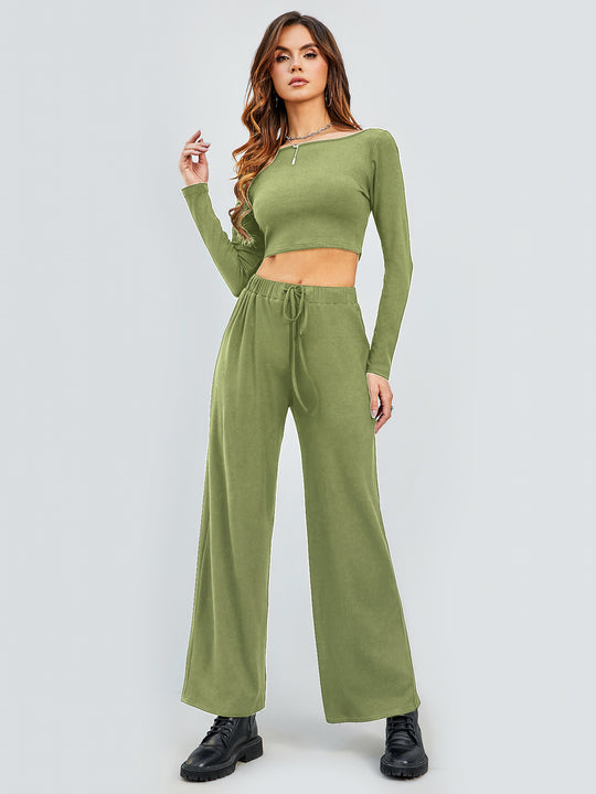 Damen Cropped Oberteil und Weite Hose Set R&B