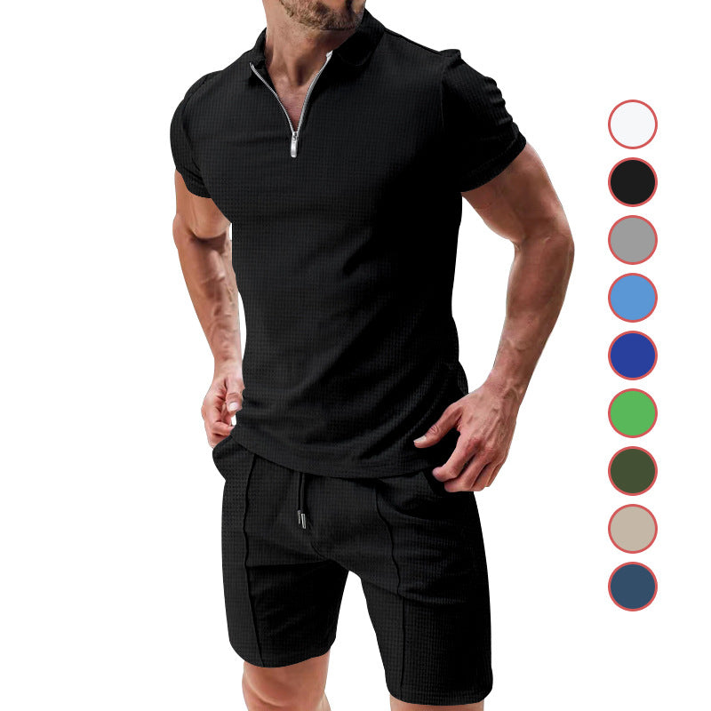 Herren nan sportives Poloshirt- und Chino-Shorts-Set mit halbem Reißverschluss, strukturiertem Jersey und dezenter Bügelfalte R&B