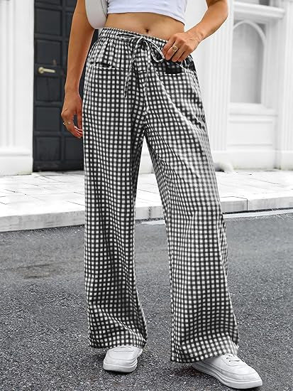 Damen Weit geschnittene Karohose mit elastischem Bund und praktischen Taschen R&B
