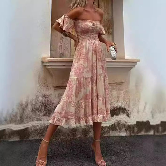 Damen Off-Shoulder Maxikleid mit Rüschendetails und elastischem Taillenband R&B
