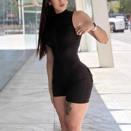 Damen Funktionaler Jumpsuit mit Stehkragen und Taschen R&B