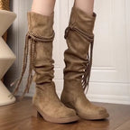 Damen Overknee-Stiefel mit geflochtenen Details und elegantem Falten-Design