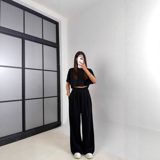 Damen Lässiges Freizeit-Set mit cropped Oberteil und weiten Hosen R&B