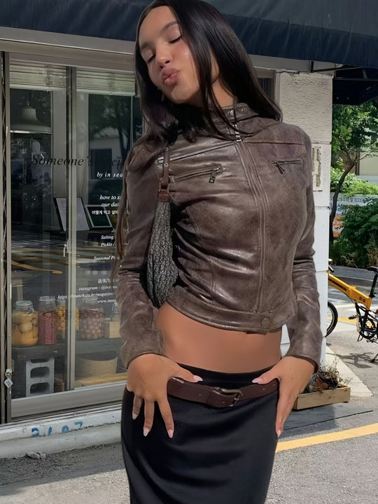 Damen trendige Bikerjacke aus hochwertigem Kunstleder R&B