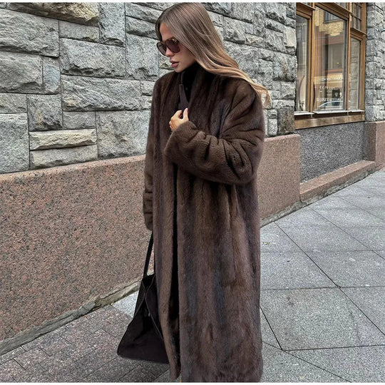 Damen Luxuriöser Kunstfellmantel mit weitem Schnitt und eleganten Details R&B