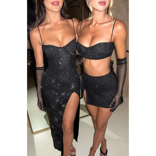 Damen Glitzerndes Maxikleid mit tiefem Schlitz und elegantem Bustier-Oberteil R&B