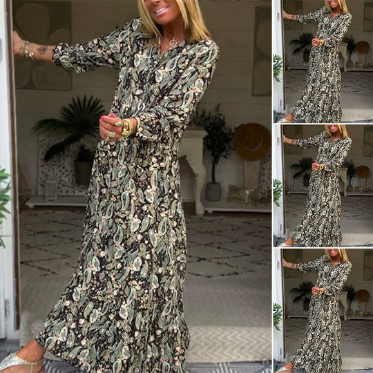 Damen Maxikleid mit floralem Paisley-Muster und eleganten Rüschendetails Heidi-Mode
