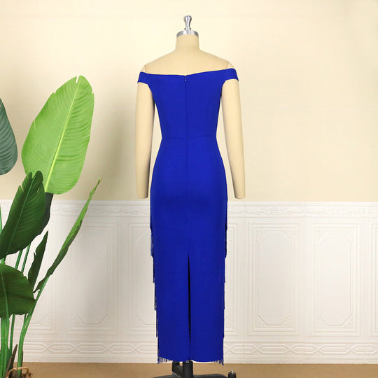 Damen glamouröses Abendkleid mit schulterfreien Rüschen und Fransen R&B