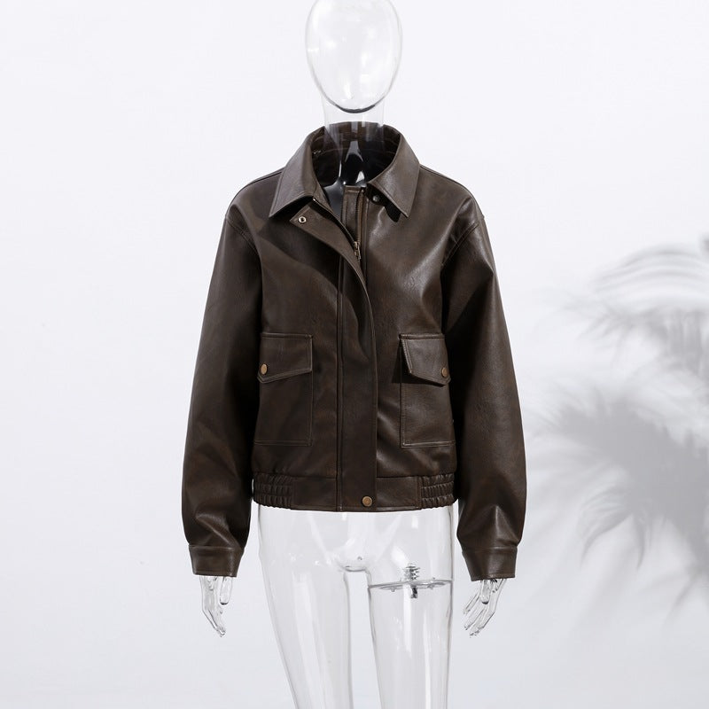 Damen Lässige Kunstlederjacke mit praktischen Taschen und elastischem Saum R&B