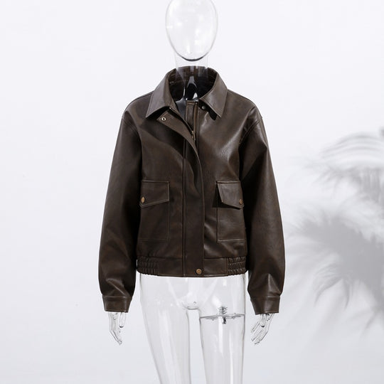 Damen Lässige Kunstlederjacke mit praktischen Taschen und elastischem Saum R&B