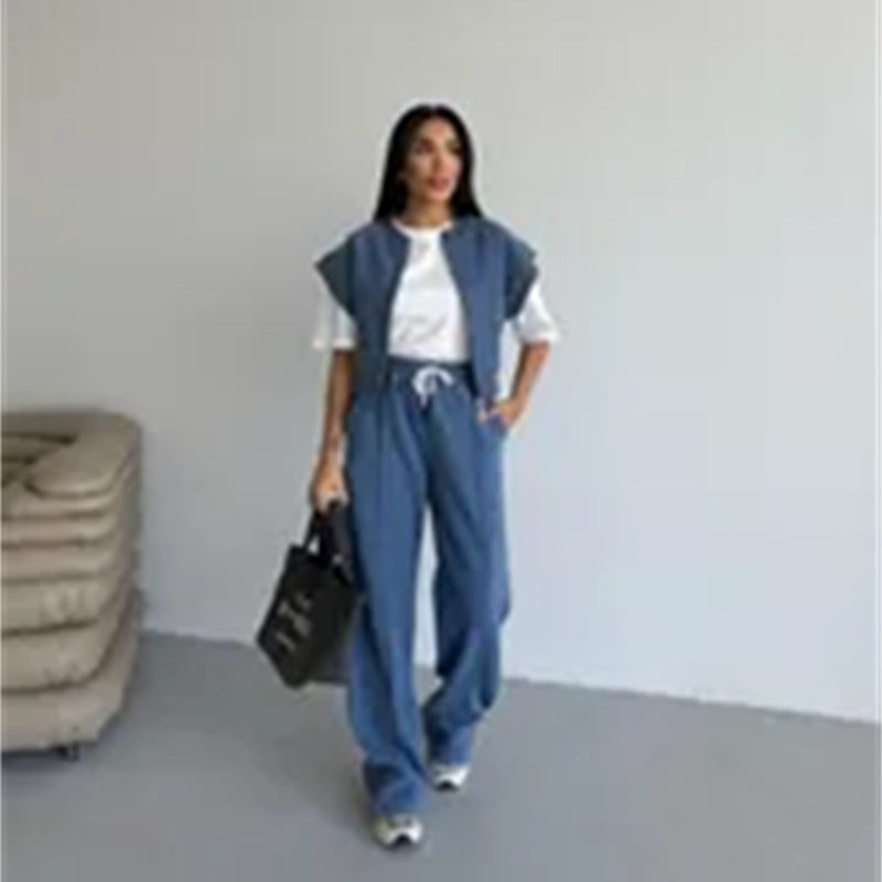 Damen sportliches Twin-Set mit kurzem Reißverschluss und weiten Hosen R&B