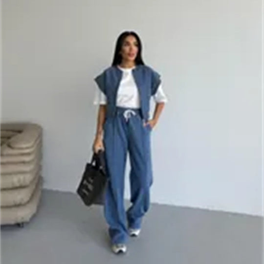Damen sportliches Twin-Set mit kurzem Reißverschluss und weiten Hosen R&B