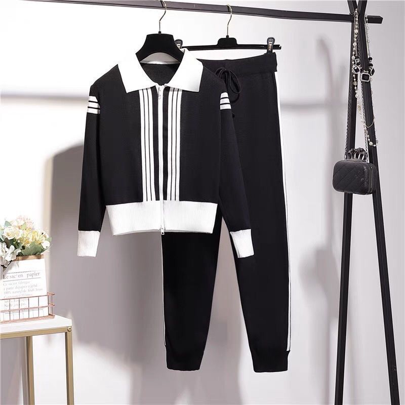Damen modisches Strick-Loungewear-Set mit Reißverschluss und sportlichen Details R&B