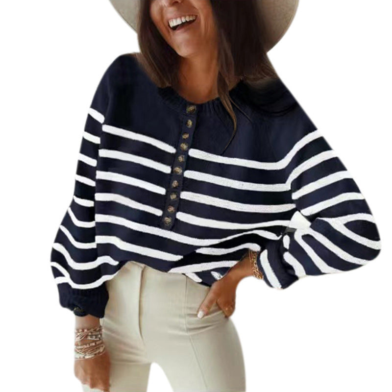 Damen Streifenstrickpullover mit Knopfleiste und weitem Schnitt R&B