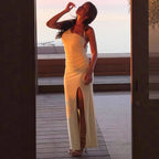 Damen Elegantes Maxikleid mit asymmetrischem Ausschnitt und Schlitz R&B