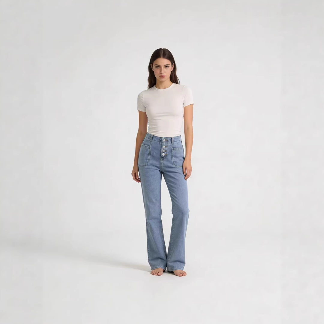 Damen Bootcut-Jeans mit hohem Bund und knöpfbarem Verschluss R&B