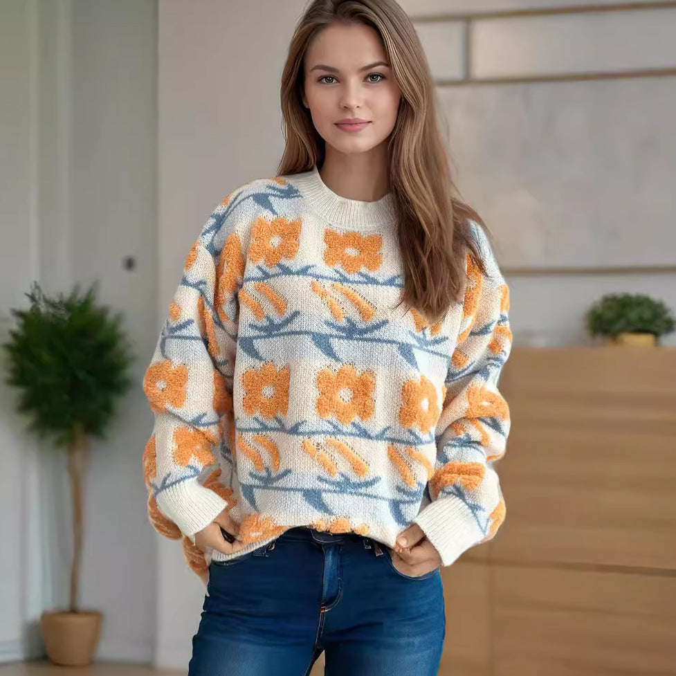 Damen Strickpullover mit floralem Muster und lässigem Schnitt R&B