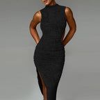 Damen Maxi-Kleid mit eleganter Raffung und seitlichem Schlitz EB