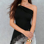 Damen nan tailliertes Ein-Schulter-Jersey-Top mit Zierring und asymmetrischem Spitzen-Saum R&B