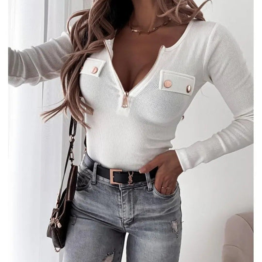 Damen Langarmshirt mit tiefem V-Ausschnitt und Reißverschluss R&B