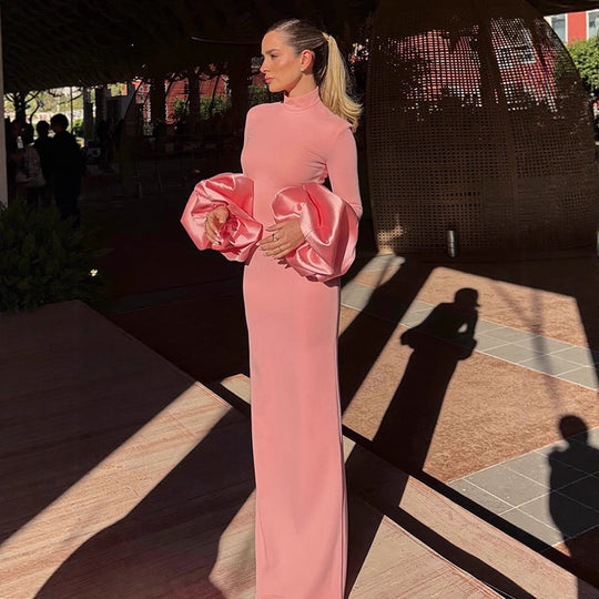 Damen Maxikleid mit rüschenförmigen Ärmeln und elegantem Stehkragen R&B
