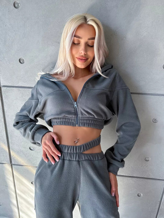 Damen elegantes und sportliches Fleece-Hoodie-Set R&B
