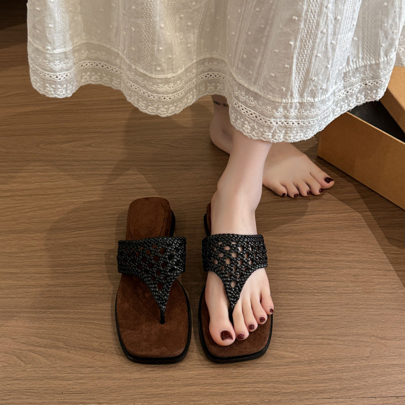 Damen Bequeme Zehentrenner-Sandalen mit hochwertigen geflochtenen Riemen und rutschfester Sohle R&B