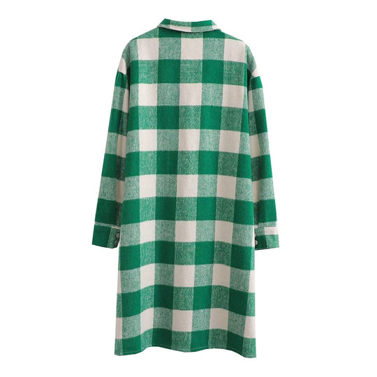 Damen Überziehkleid im karierten Design mit praktischen Brusttaschen und langen Ärmeln R&B