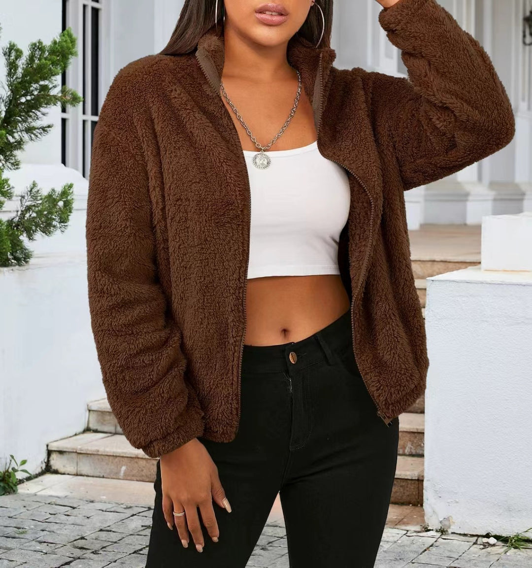 Damen Flauschige Fleecejacke mit hohem Kragen und seitlichen Taschen R&B