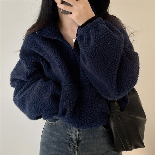 Damen kuschelige Fleece-Jacke mit hohem Kragen und Reißverschluss R&B