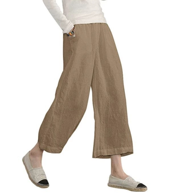 Damen weite Leinenhose mit seitlichen Taschen und elastischem Bund R&B