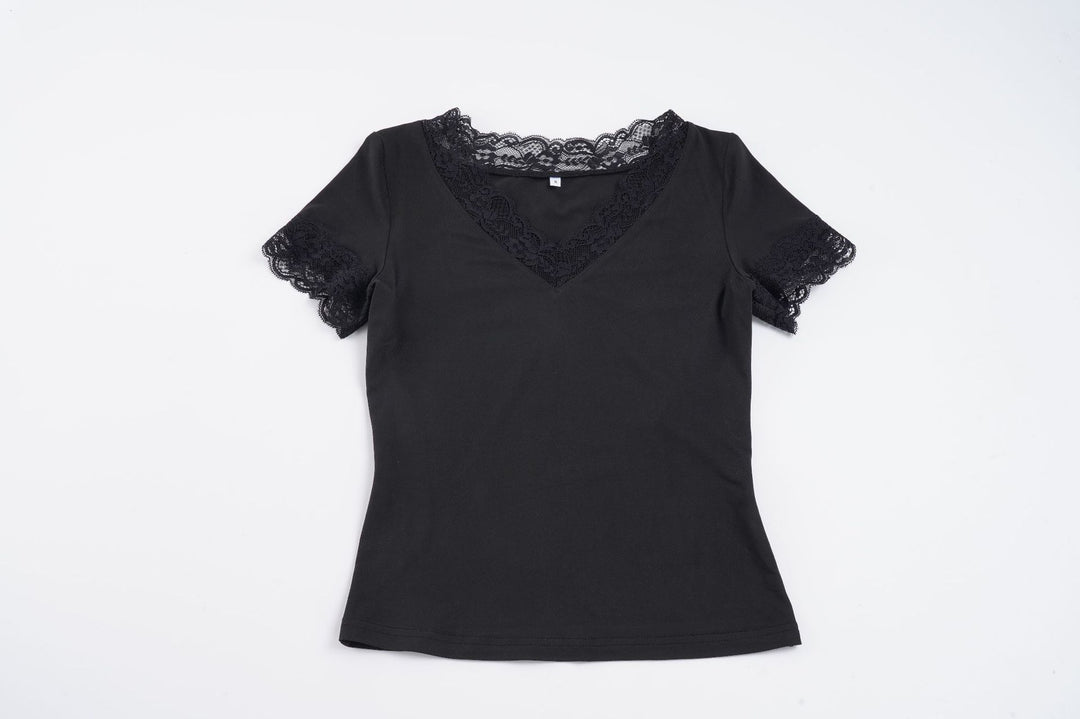 Damen Elegantes Spitzen-T-Shirt mit V-Ausschnitt und Kurzarm R&B