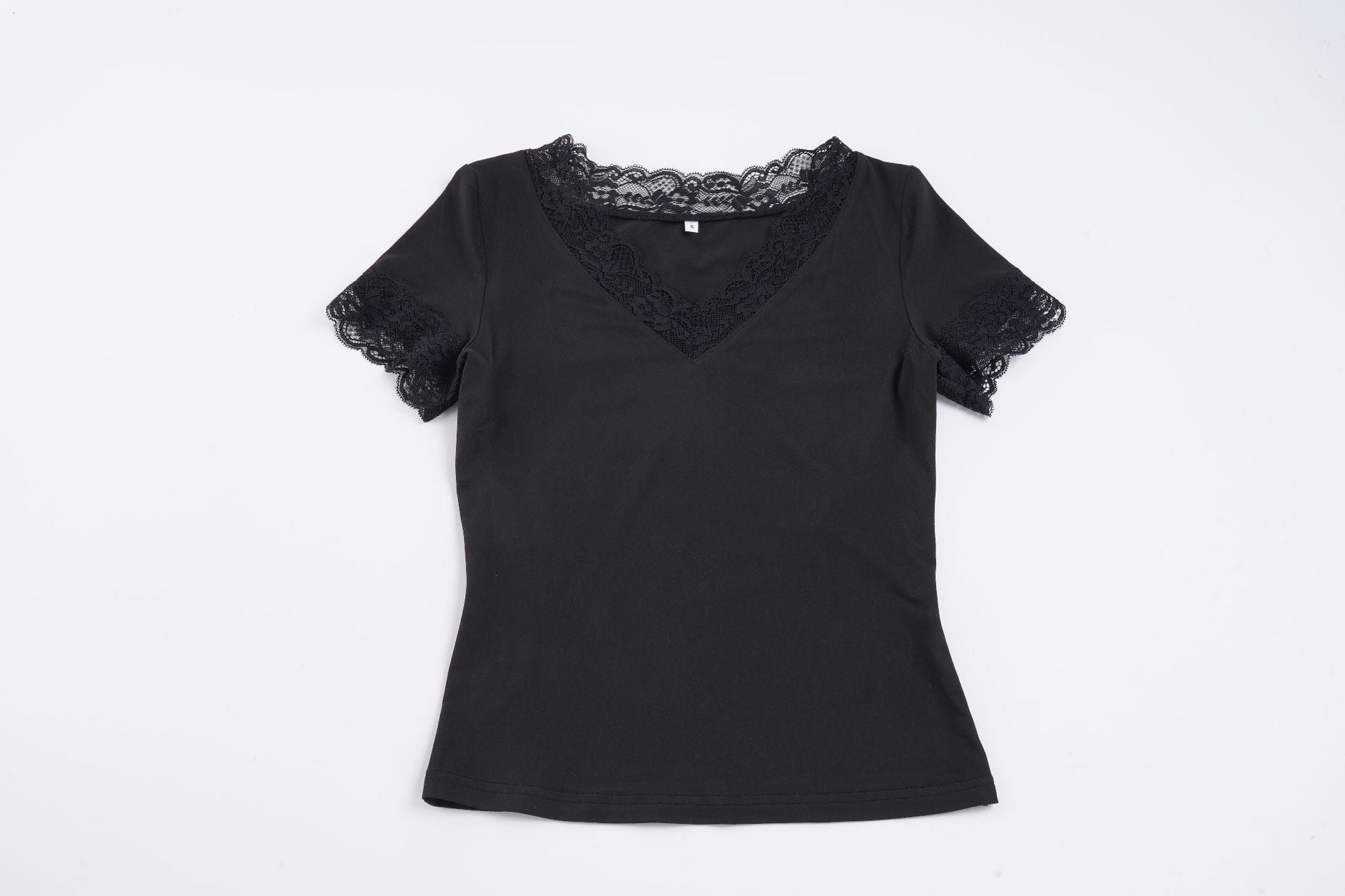 Damen Elegantes Spitzen-T-Shirt mit V-Ausschnitt und Kurzarm R&B