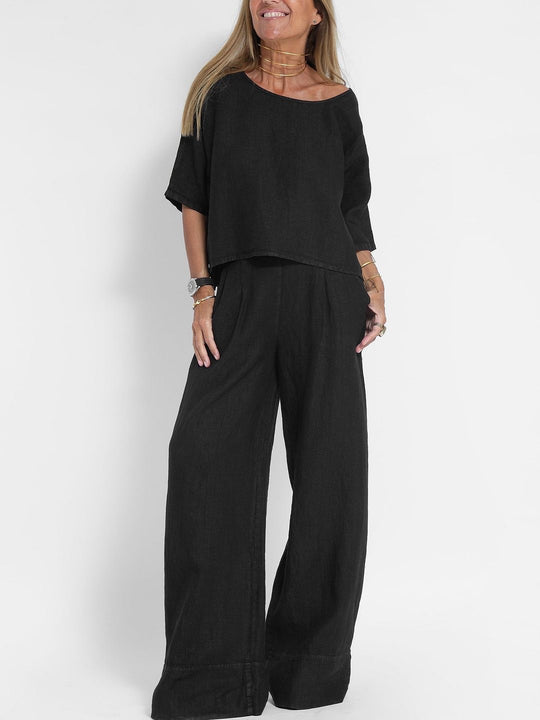 Damen lässiges Leinen-Set mit weitem Oberteil und palazzo Hosen R&B