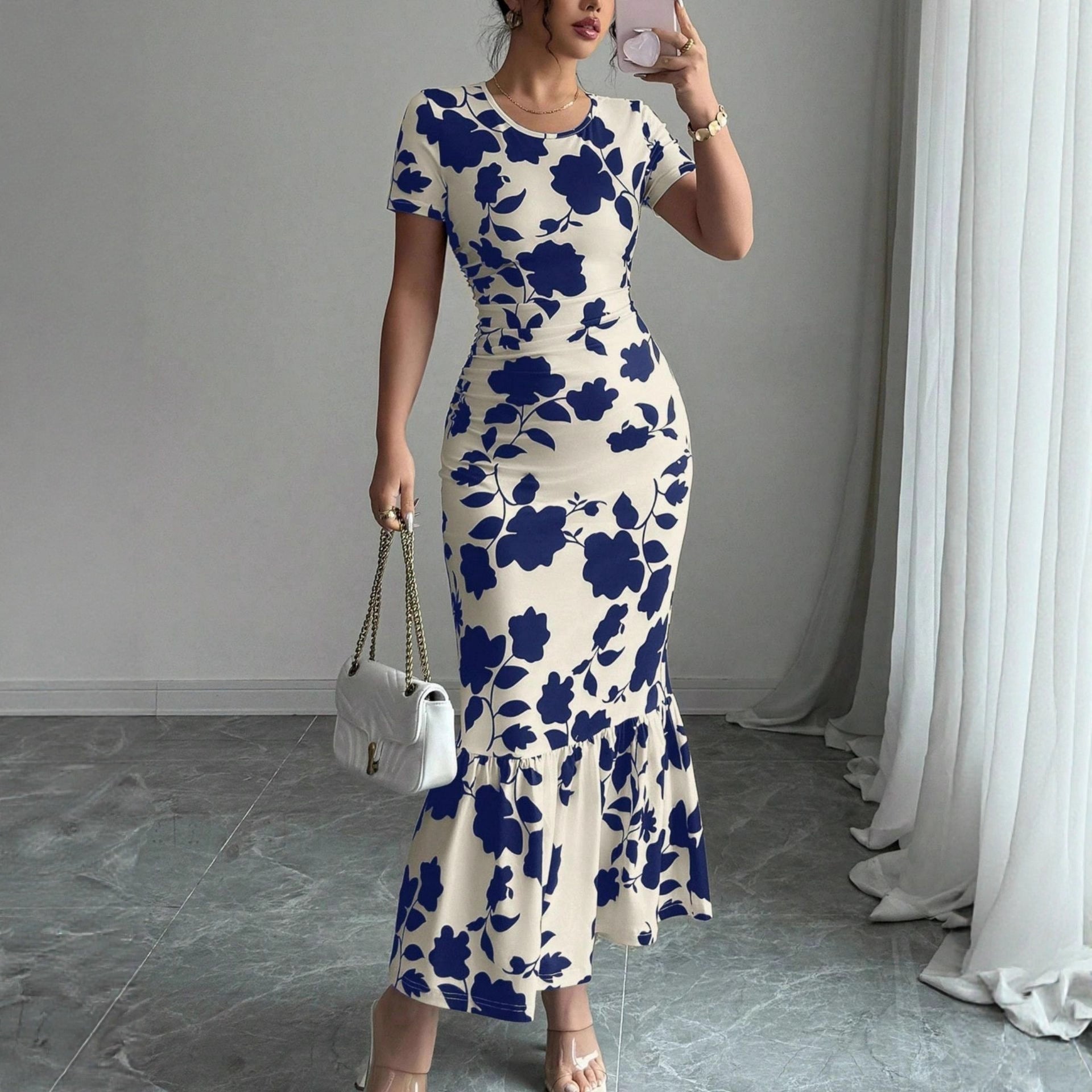 Damen Elegantes figurbetontes Kleid mit Rüschen-Saum und floralem Muster R&B