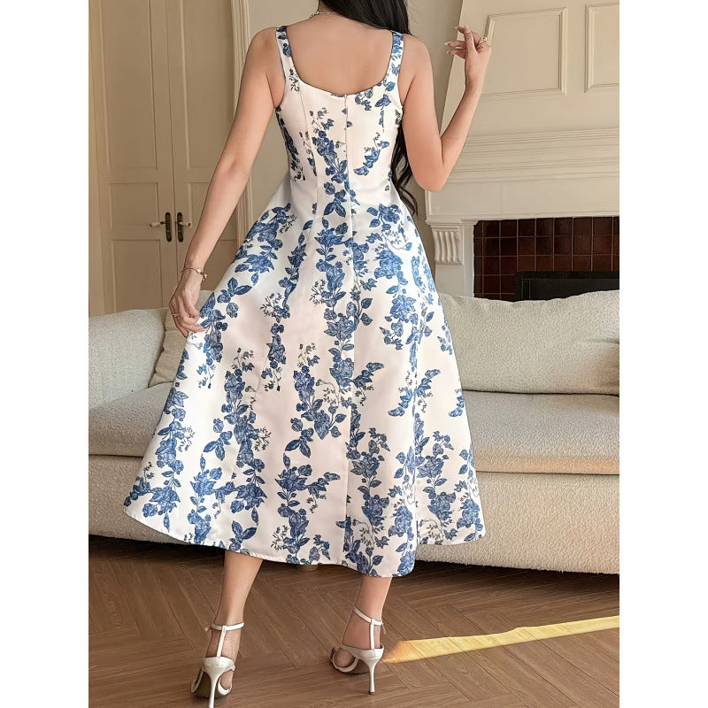 Damen Maxikleid mit romantischem floralem Druck und schmalen Spaghetti-Trägern R&B