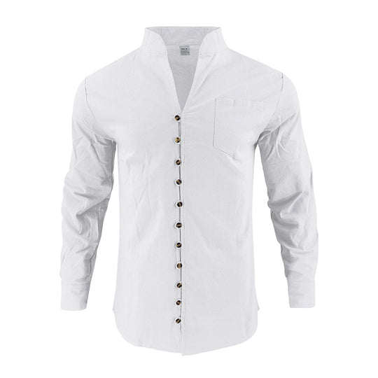 Herren nan leichtes Leinenhemd mit Stehkragen, durchgehender Knopfleiste und aufgesetzter Brusttasche R&B
