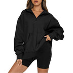 Damen Oversized Sweatshirt mit halbem Reißverschluss und Kapuze R&B