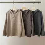 Damen bequemer Strickpullover mit Knopfleiste und Kapuze R&B