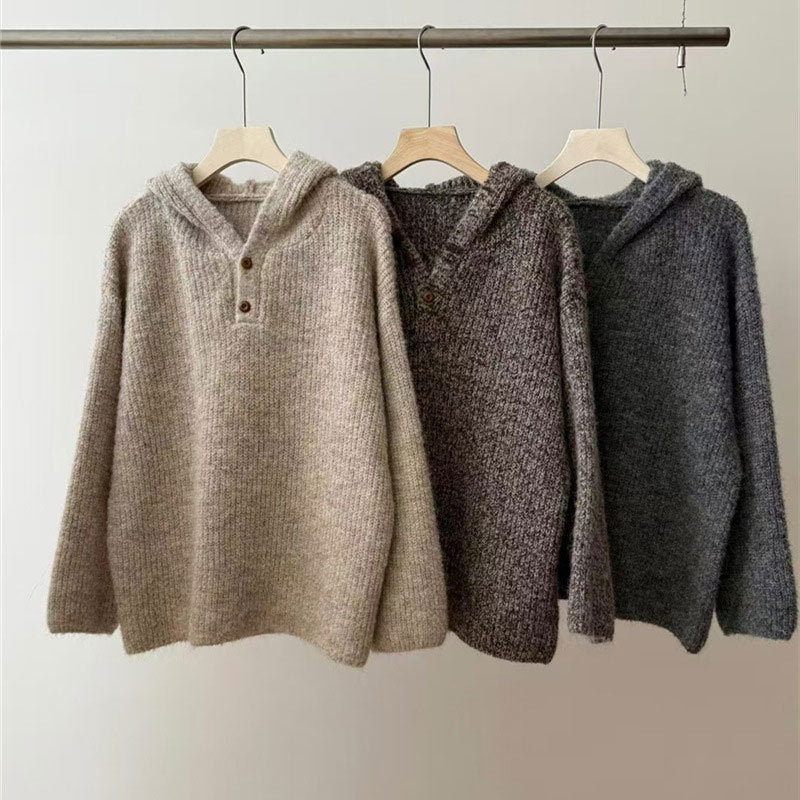 Damen bequemer Strickpullover mit Knopfleiste und Kapuze R&B